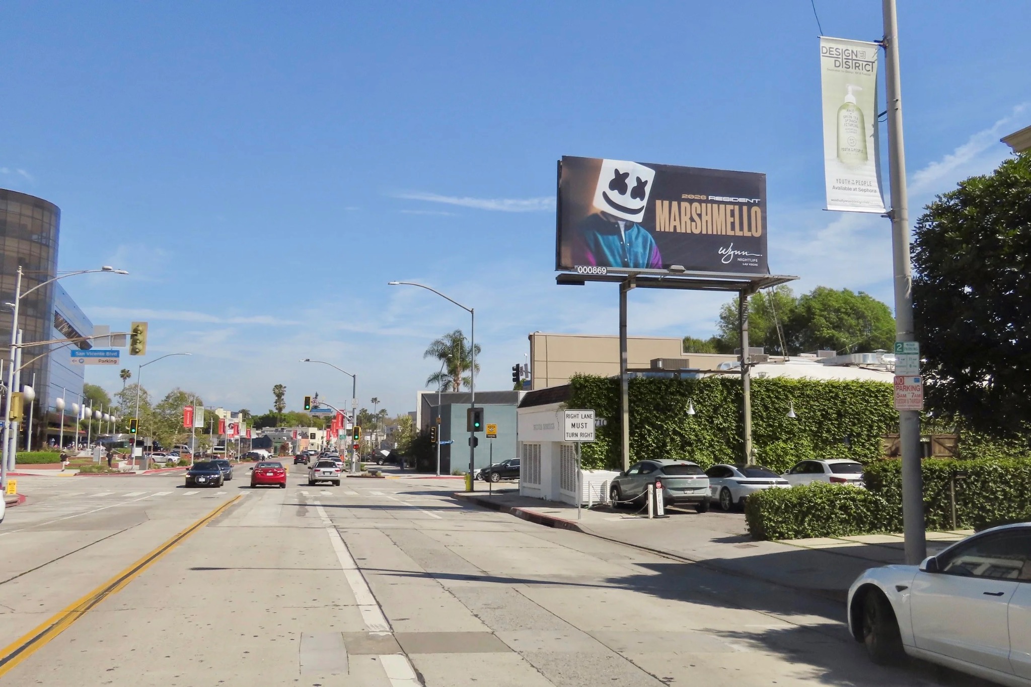 Marshmello 2026 Wynn Nightlife residency billboard above a Los Angeles streetscape